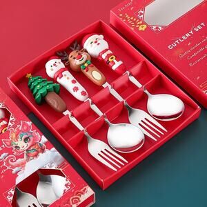 Cartoon Christmas Spoon & Fork Set - Christmas Gift / New Year Gift